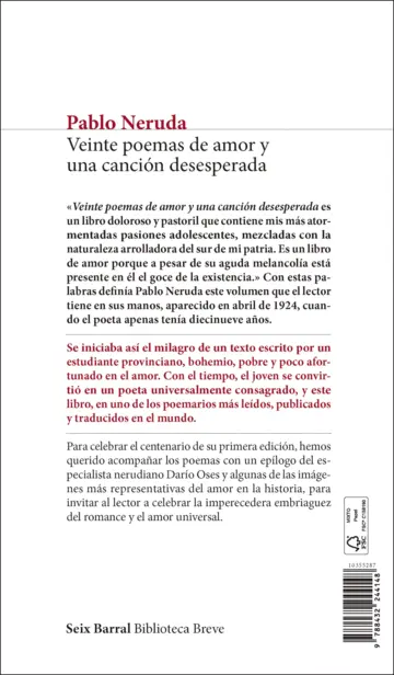 Contraportada Veinte poemas de amor y una canción desesperada